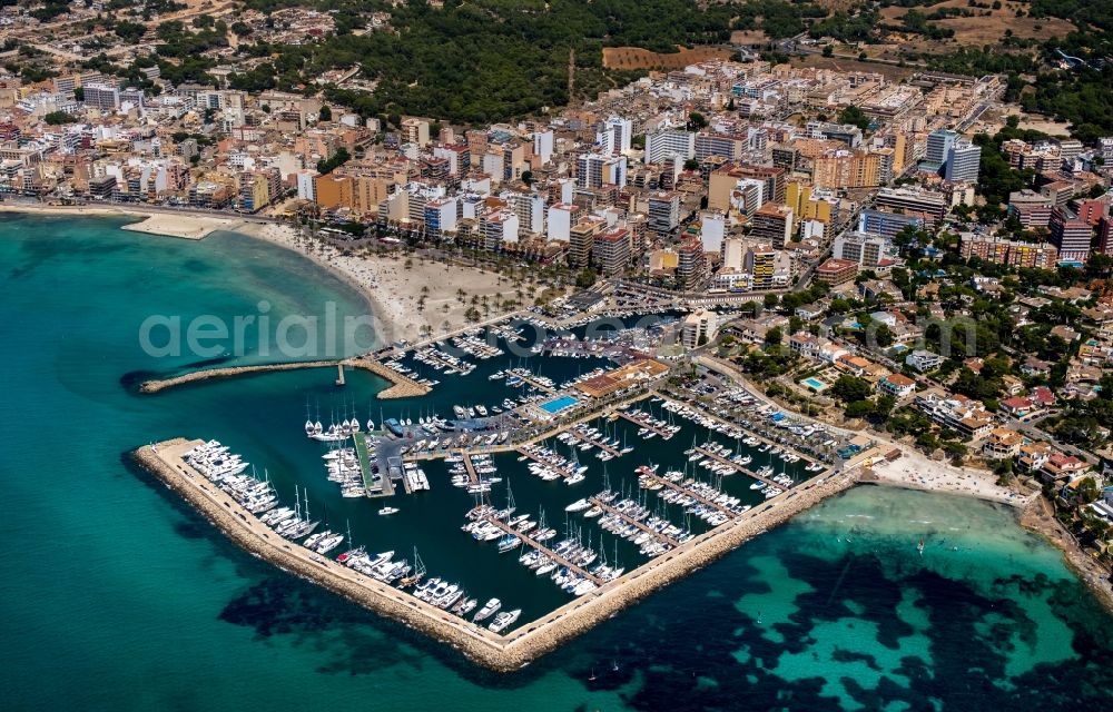 Llucmajor from the bird's eye view: Pleasure boat marina with docks and moorings on the shore area Club Nautic s' Arenal in Llucmajor in Balearische Insel Mallorca, Spain