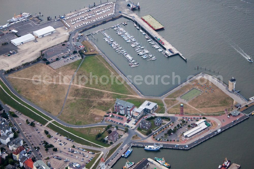 Cuxhaven from above - Pleasure boat marina with docks and moorings on the shore area Elbmuendung in Cuxhaven in the state Lower Saxony