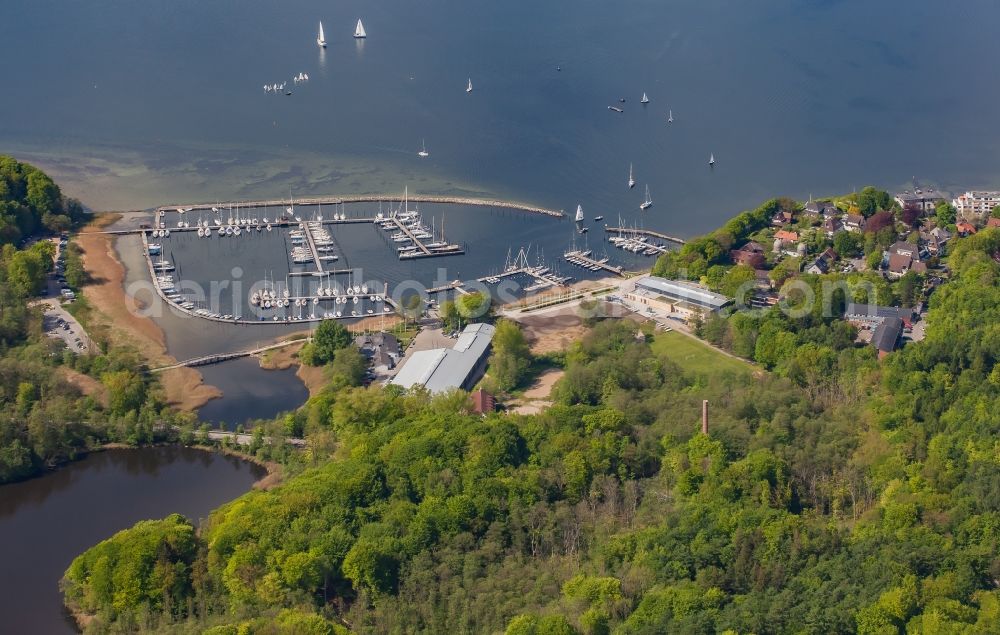 Aerial photograph Glücksburg - Marina with pleasure craft moorings and boat berths on the shore area of the Flensburg Fjord in Gluecksburg in Schleswig-Holstein, Germany