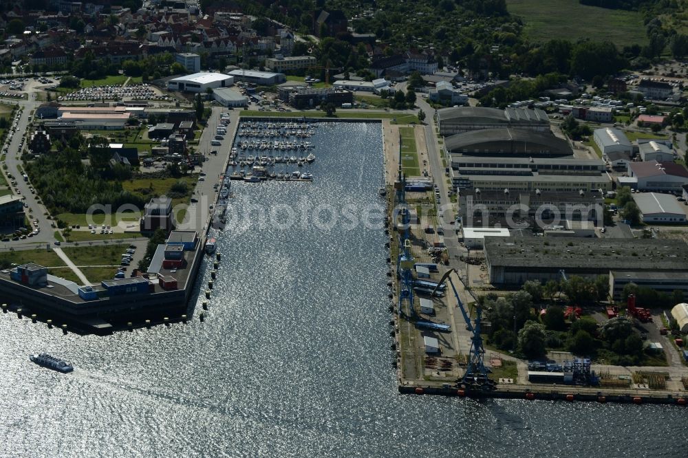 Wismar from above - Pleasure boat marina with docks and moorings on the shore area of the Baltic Sea at the port in Wismar in the state Mecklenburg - Western Pomerania