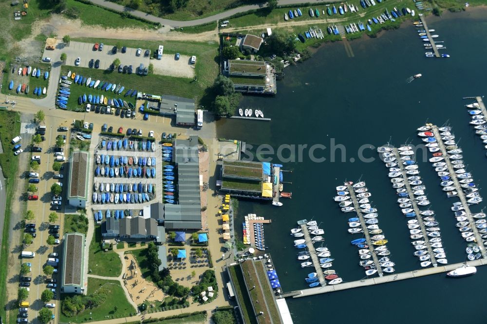 Markkleeberg from above - Pleasure boat marina with docks and moorings on the shore area in Markkleeberg in the state Saxony