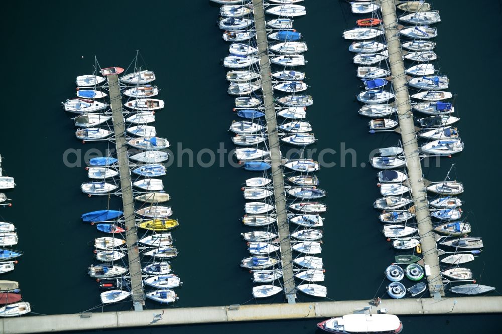 Aerial image Markkleeberg - Pleasure boat marina with docks and moorings on the shore area in Markkleeberg in the state Saxony