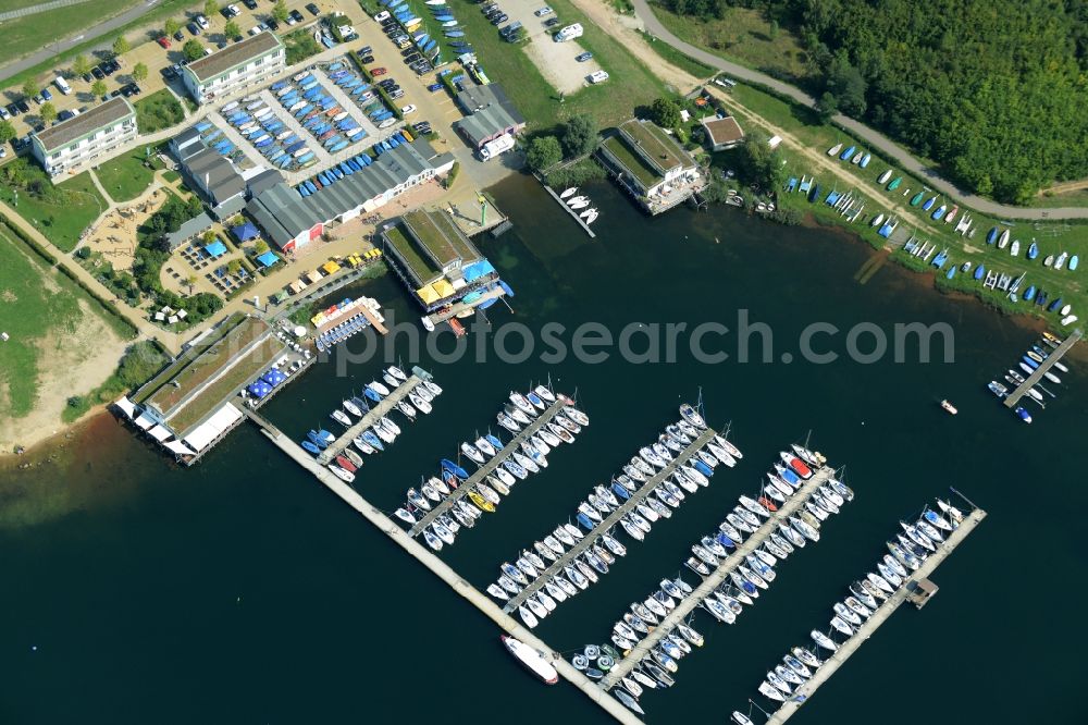 Aerial image Markkleeberg - Pleasure boat marina with docks and moorings on the shore area in Markkleeberg in the state Saxony