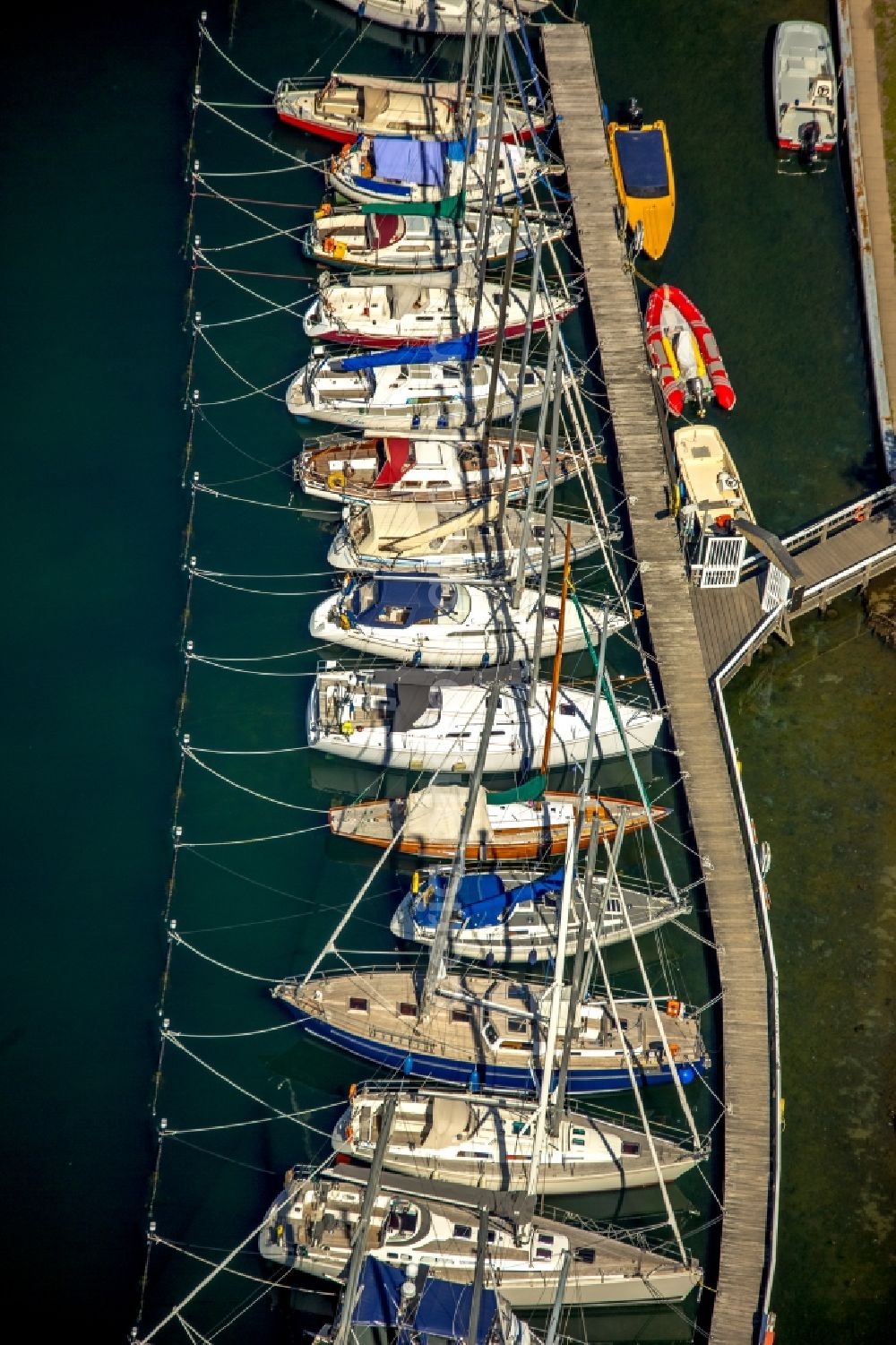 Neustadt in Holstein from above - Pleasure boat marina with docks and moorings on the shore area in Neustadt in Holstein in the state Schleswig-Holstein