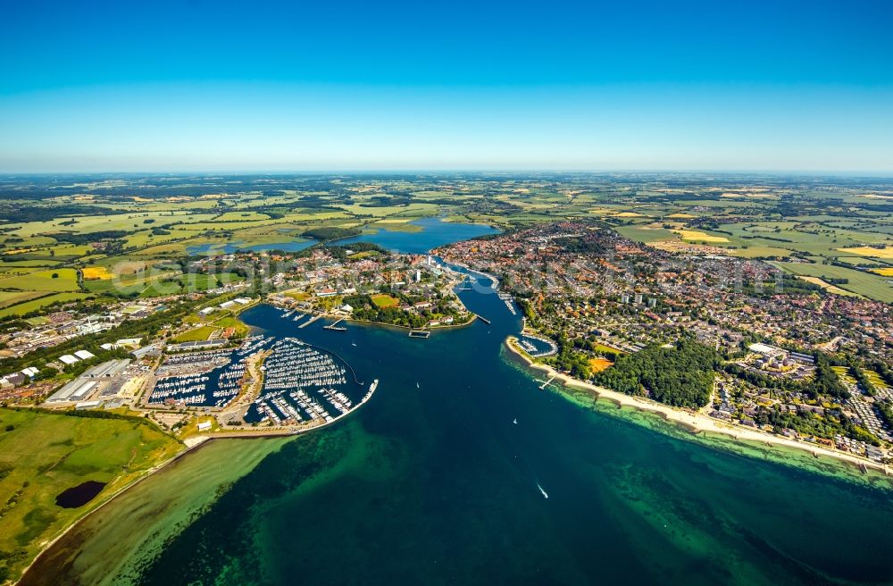 Neustadt in Holstein from above - Pleasure boat marina with docks and moorings on the shore area in Neustadt in Holstein in the state Schleswig-Holstein