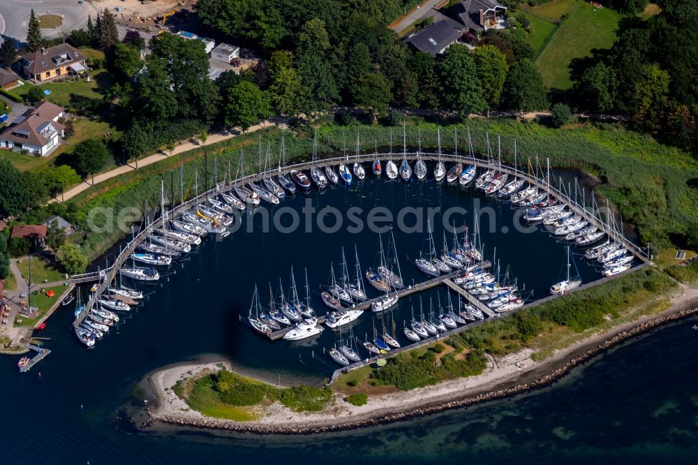 Neustadt in Holstein from above - Pleasure boat marina with docks and moorings on the shore area in Neustadt in Holstein in the state Schleswig-Holstein