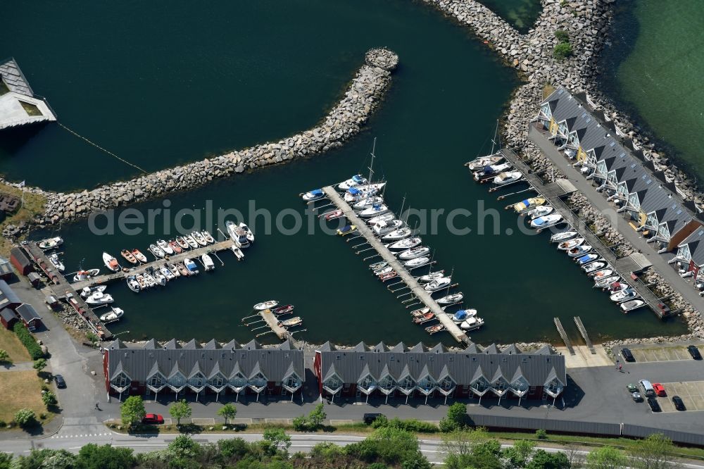 Hasle from the bird's eye view: Pleasure boat marina with docks and moorings on the shore area of Baltic Sea in Hasle in Hovedstaden, Denmark