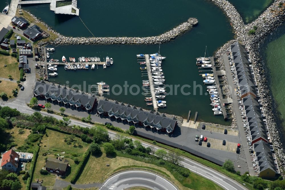 Hasle from above - Pleasure boat marina with docks and moorings on the shore area of Baltic Sea in Hasle in Hovedstaden, Denmark