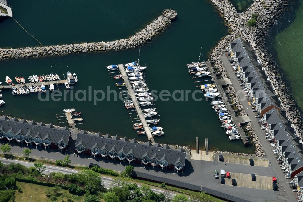 Aerial image Hasle - Pleasure boat marina with docks and moorings on the shore area of Baltic Sea in Hasle -Bornholm Island in Hovedstaden, Denmark