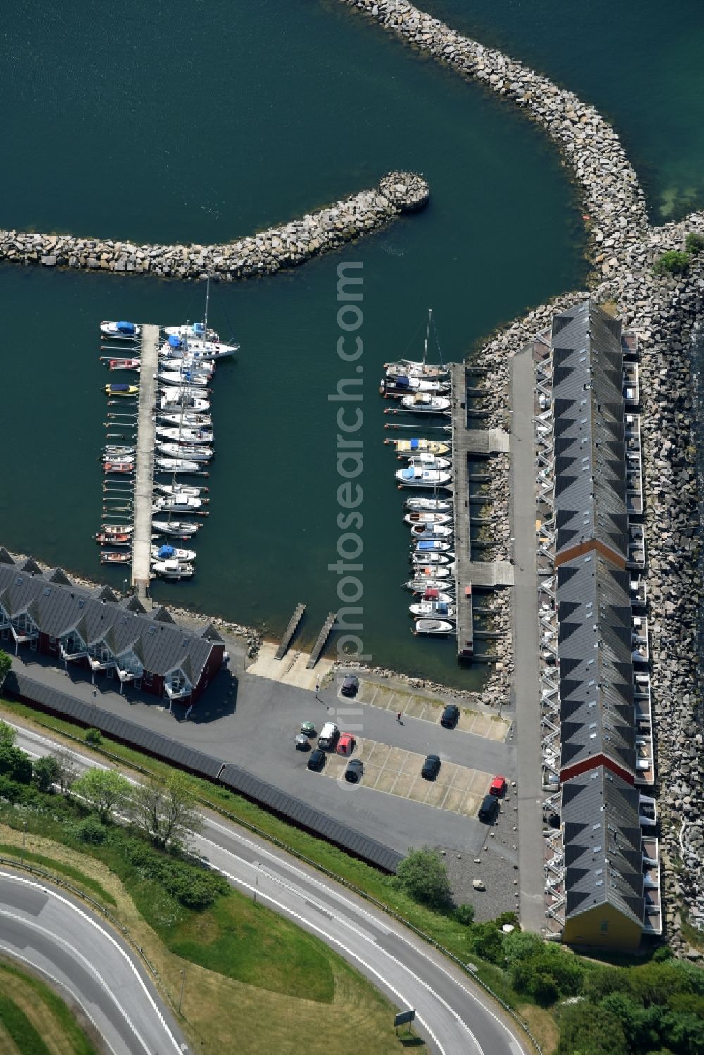 Hasle from above - Pleasure boat marina with docks and moorings on the shore area of Baltic Sea in Hasle in Hovedstaden, Denmark