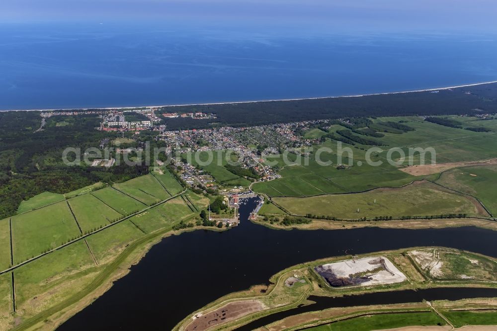 Karlshagen from above - Pleasure boat marina with docks and moorings on the shore area the Baltic Sea in Karlshagen in the state Mecklenburg - Western Pomerania