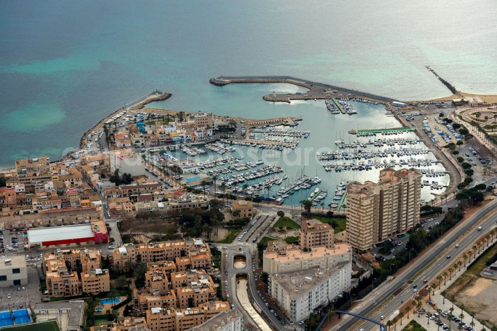 Aerial image Palma - Pleasure boat marina with docks and moorings on the shore area in Palma in Balearische Insel Mallorca, Spain