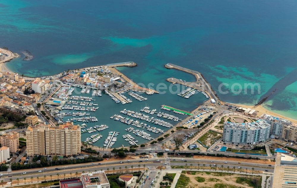 Aerial image Palma - Pleasure boat marina with docks and moorings on the shore area in Palma in Balearische Insel Mallorca, Spain