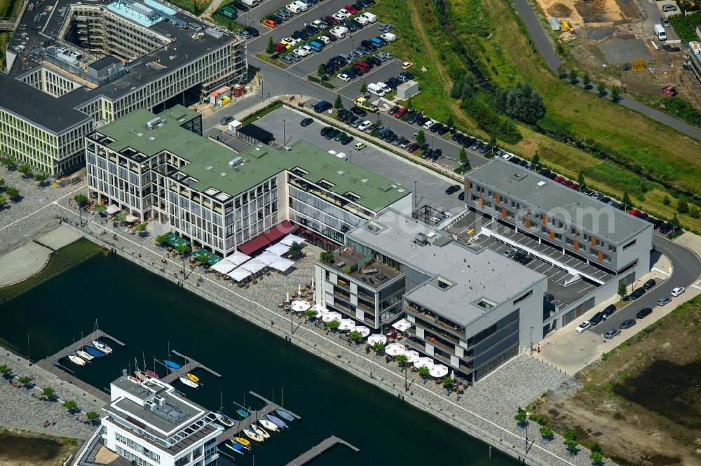 Dortmund from the bird's eye view: Pleasure boat marina with docks and moorings on the shore area of Phoenixsee in Dortmund in the state North Rhine-Westphalia