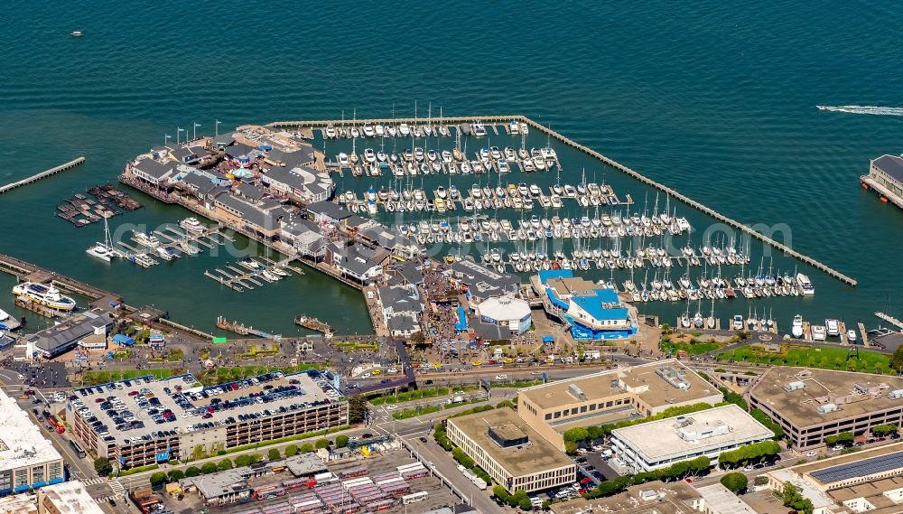 San Francisco from above - Pleasure boat marina with docks and moorings on the shore area PIER 39 Beach Street in San Francisco in California, USA