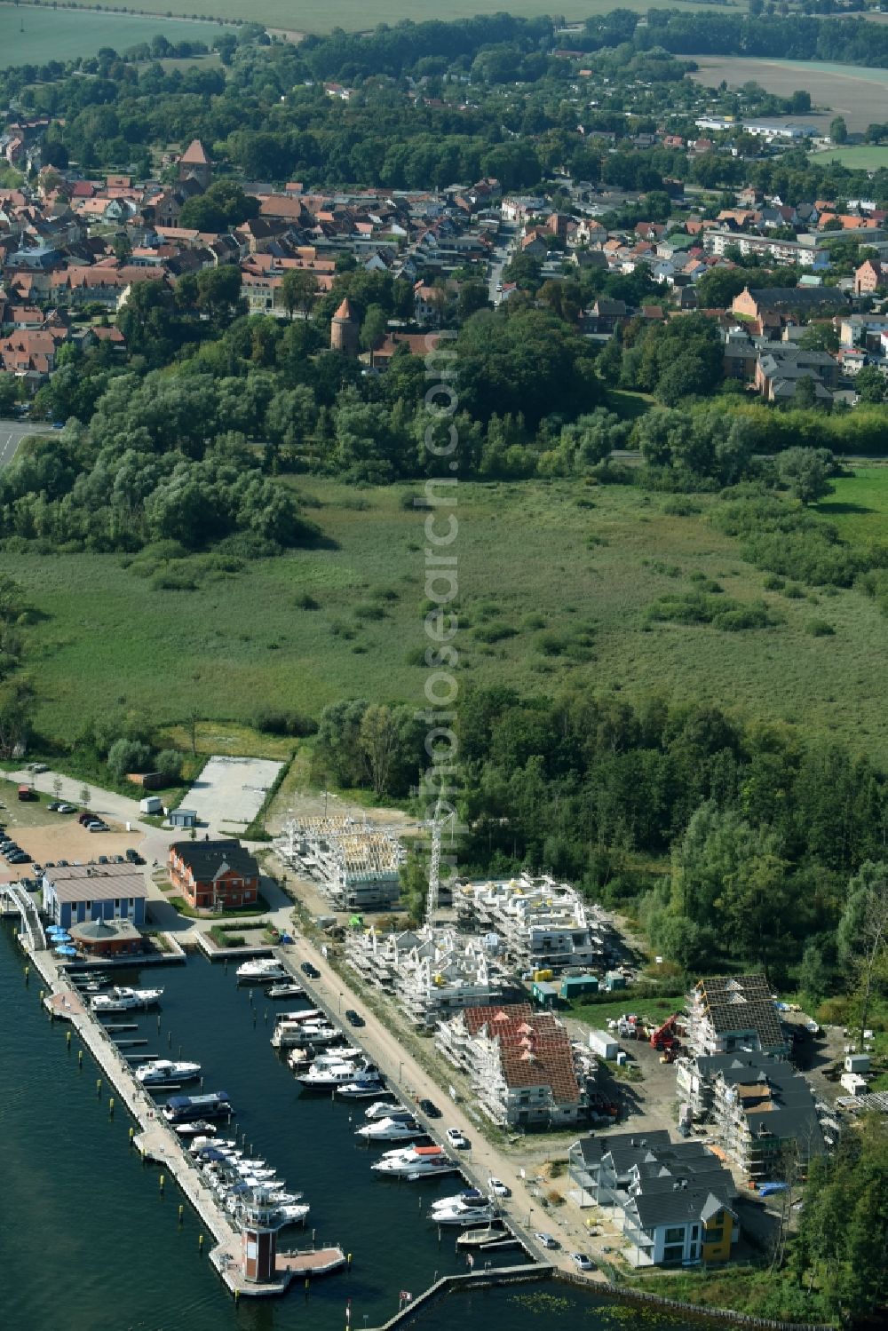 Plau am See from above - Pleasure boat marina with docks and moorings on the shore area of Plauer See in Plau am See in the state Mecklenburg - Western Pomerania