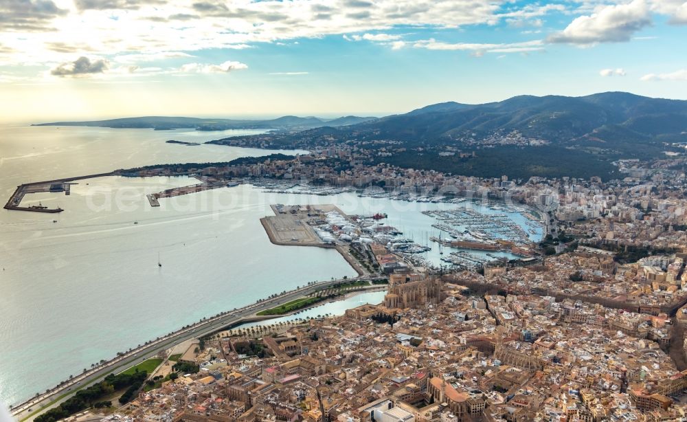 Palma from above - Pleasure boat marina with docks and moorings on the shore area Port de Palma in Palma in Balearische Insel Mallorca, Spain