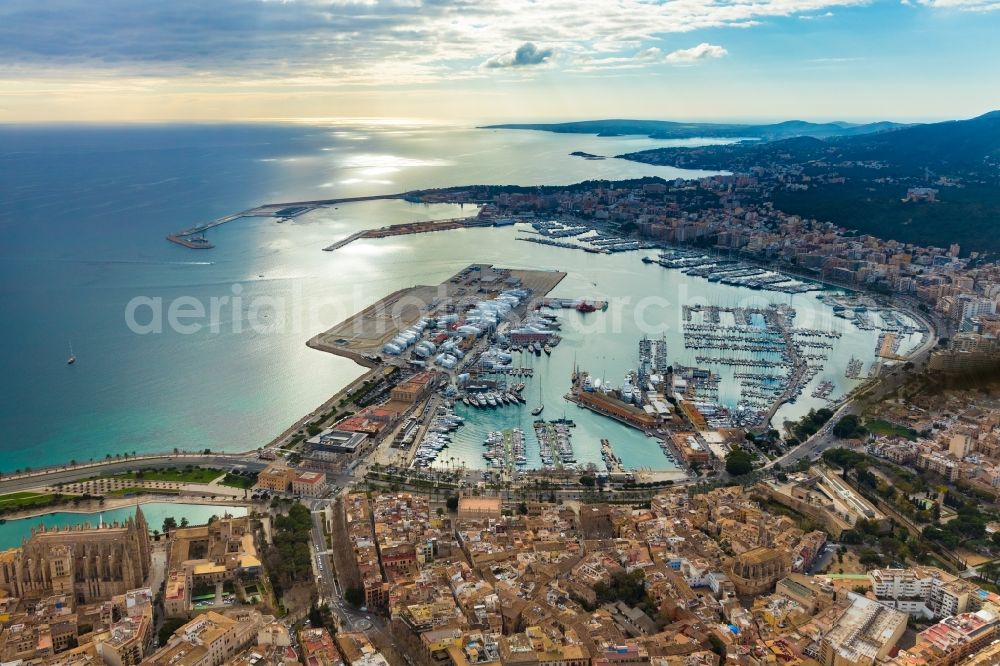 Palma from the bird's eye view: Pleasure boat marina with docks and moorings on the shore area Port de Palma in Palma in Balearische Insel Mallorca, Spain