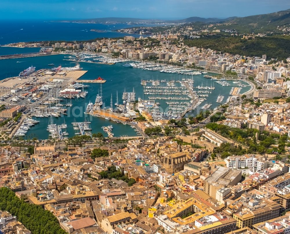 Aerial image Palma - Pleasure boat marina with docks and moorings on the shore area Port de Palma in Palma in Balearische Insel Mallorca, Spain