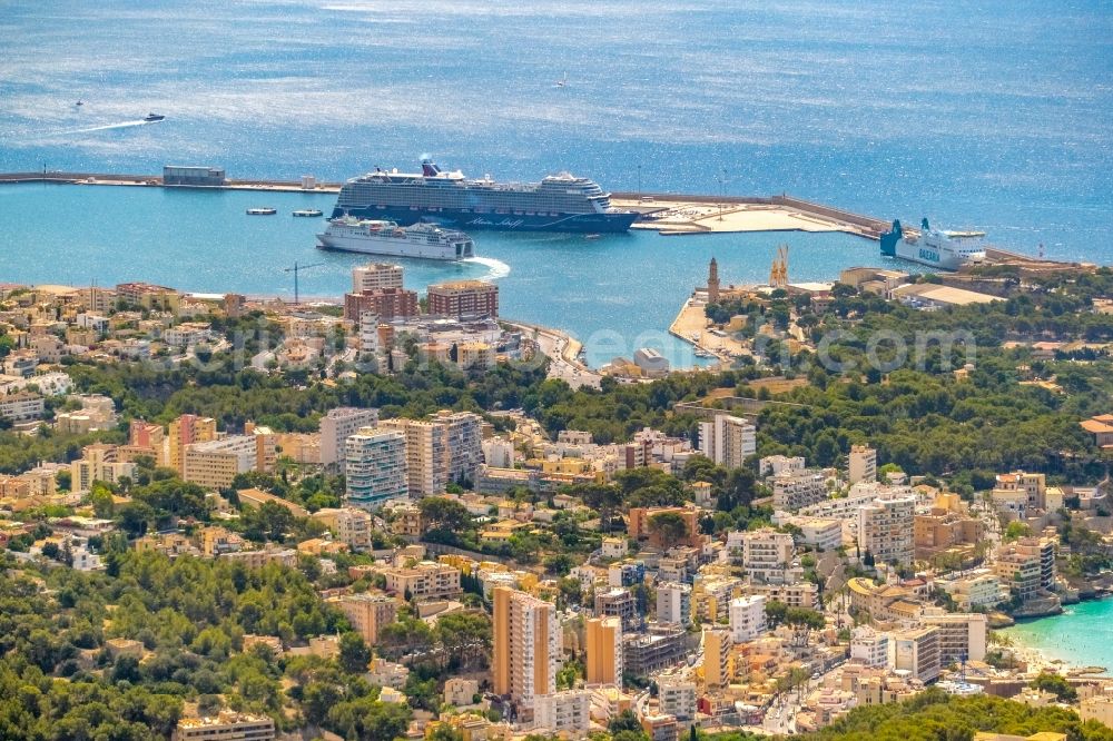 Palma from the bird's eye view: Pleasure boat marina with docks and moorings on the shore area Port de Palma in Palma in Balearische Insel Mallorca, Spain