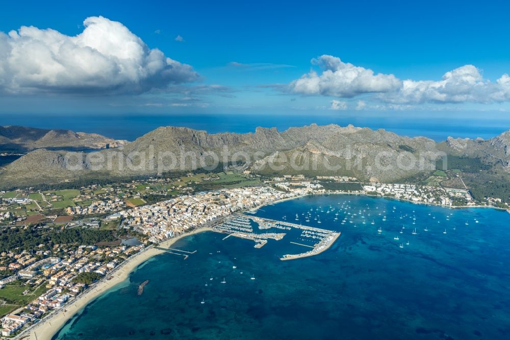 Aerial image Port de Pollenca - Pleasure boat marina with docks and moorings on the shore area in Port de Pollenca in Balearische Insel Mallorca, Spain