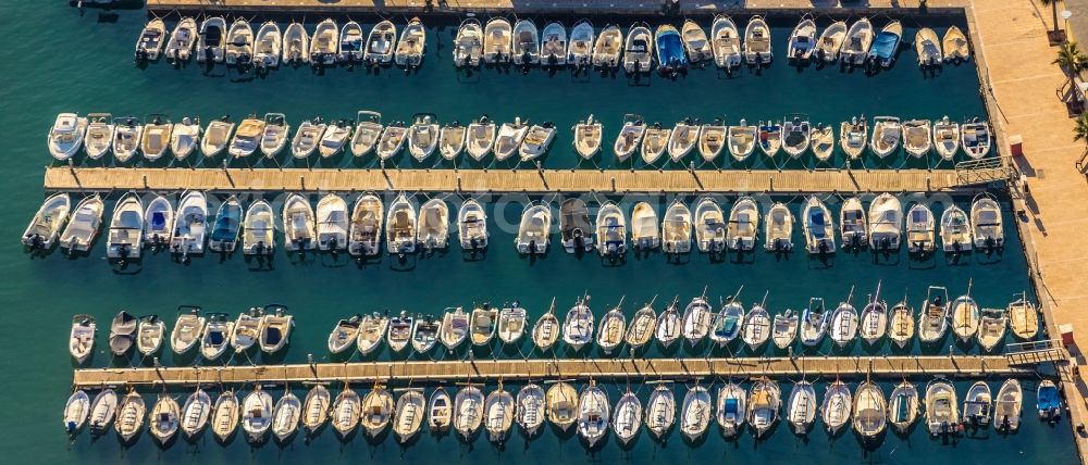 Soller from the bird's eye view: Pleasure boat marina with docks and moorings on the shore area Port de SA?ller in Soller in Balearic Islands, Spain