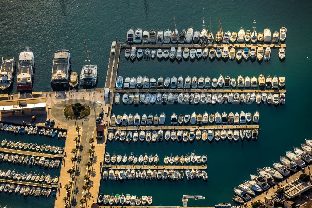 Aerial image Soller - Pleasure boat marina with docks and moorings on the shore area Port de SA?ller in Soller in Balearic Islands, Spain