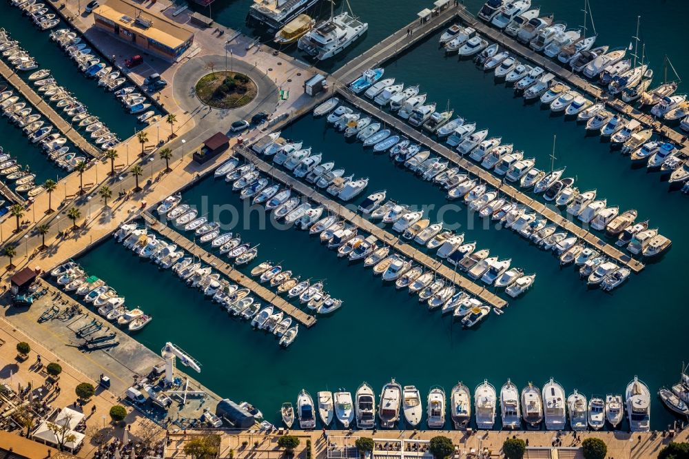 Soller from above - Pleasure boat marina with docks and moorings on the shore area Port de SA?ller in Soller in Balearic Islands, Spain