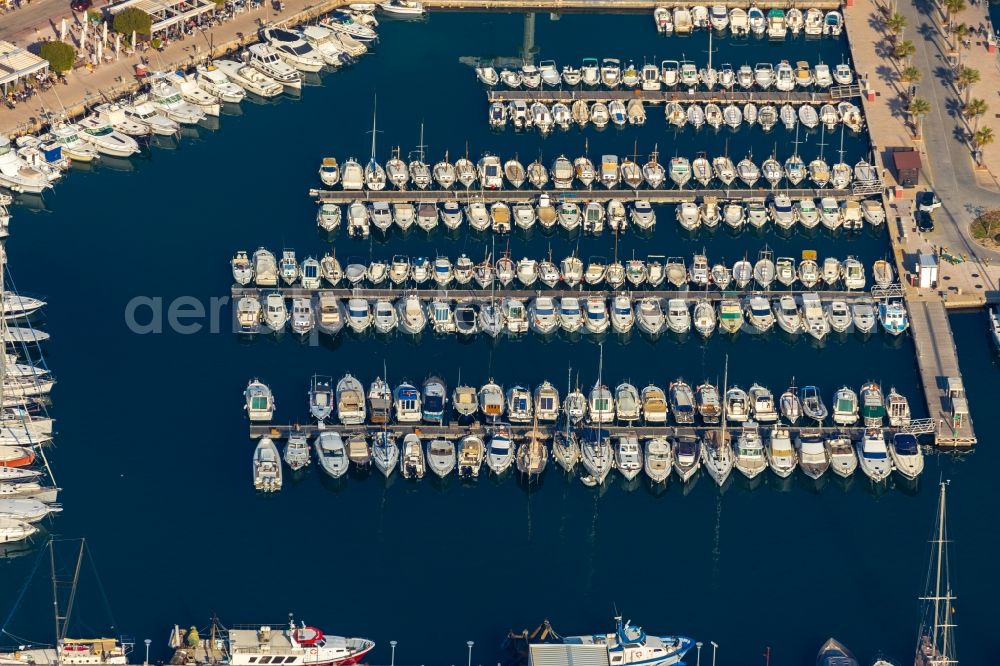 Soller from the bird's eye view: Pleasure boat marina with docks and moorings on the shore area Port de SA?ller in Soller in Balearic Islands, Spain