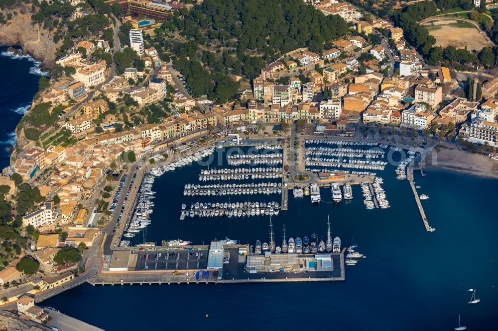 Aerial image Soller - Pleasure boat marina with docks and moorings on the shore area Port de SA?ller in Soller in Balearic Islands, Spain