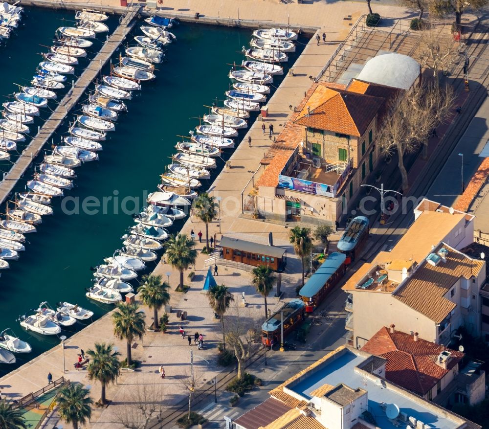 Soller from above - Pleasure boat marina with docks and moorings on the shore area Port de SA?ller in Soller in Balearic Islands, Spain