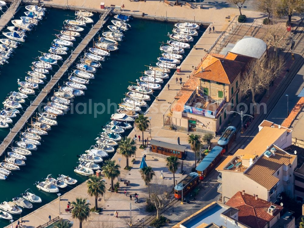 Soller from the bird's eye view: Pleasure boat marina with docks and moorings on the shore area Port de SA?ller in Soller in Balearic Islands, Spain