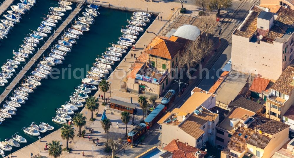 Aerial image Soller - Pleasure boat marina with docks and moorings on the shore area Port de SA?ller in Soller in Balearic Islands, Spain