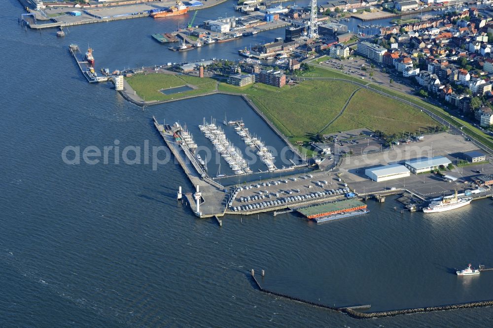 Cuxhaven from above - Pleasure boat marina with docks and moorings on the shore area of Reederei Cassen Eils GmbH Bei der Alten Liebe in Cuxhaven in the state Lower Saxony