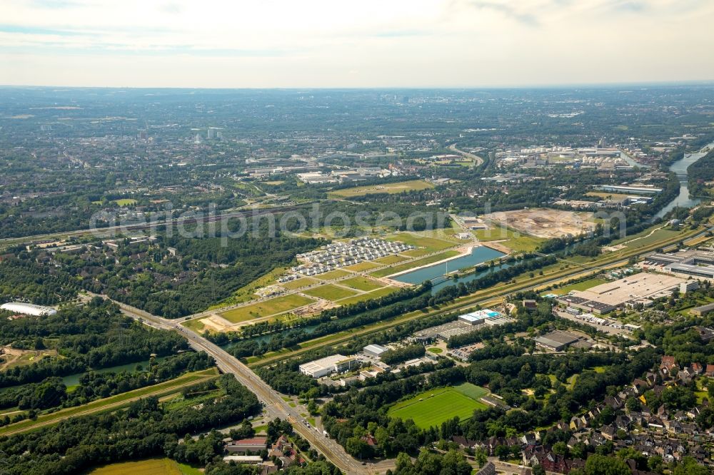 Gelsenkirchen from above - Pleasure boat marina with docks and moorings on the shore area des Rhein-Herne-Kanal on the grounds of the former Graf Bismarck colliery in Gelsenkirchen in the state North Rhine-Westphalia