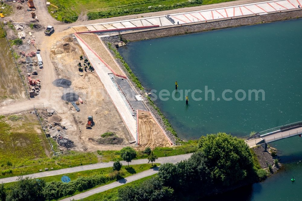 Aerial image Gelsenkirchen - Pleasure boat marina with docks and moorings on the shore area des Rhein-Herne-Kanal on the grounds of the former Graf Bismarck colliery in Gelsenkirchen in the state North Rhine-Westphalia