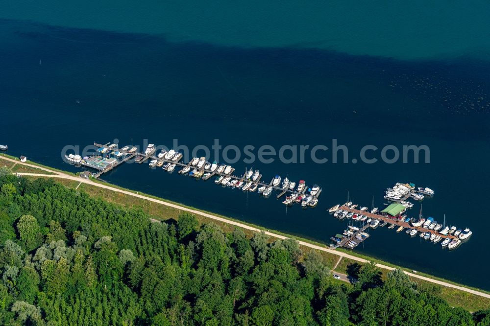 Aerial image Weisweil - Pleasure boat marina with docks and moorings on the shore area on Rhein in Weisweil in the state Baden-Wurttemberg, Germany