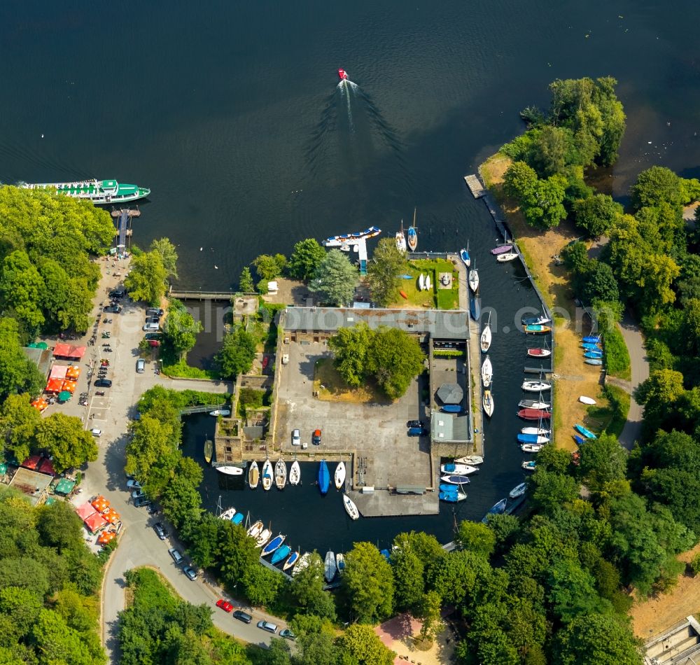 Essen from above - Pleasure boat marina with docks and moorings on the shore area the Ruhr in Essen in the state North Rhine-Westphalia, Germany