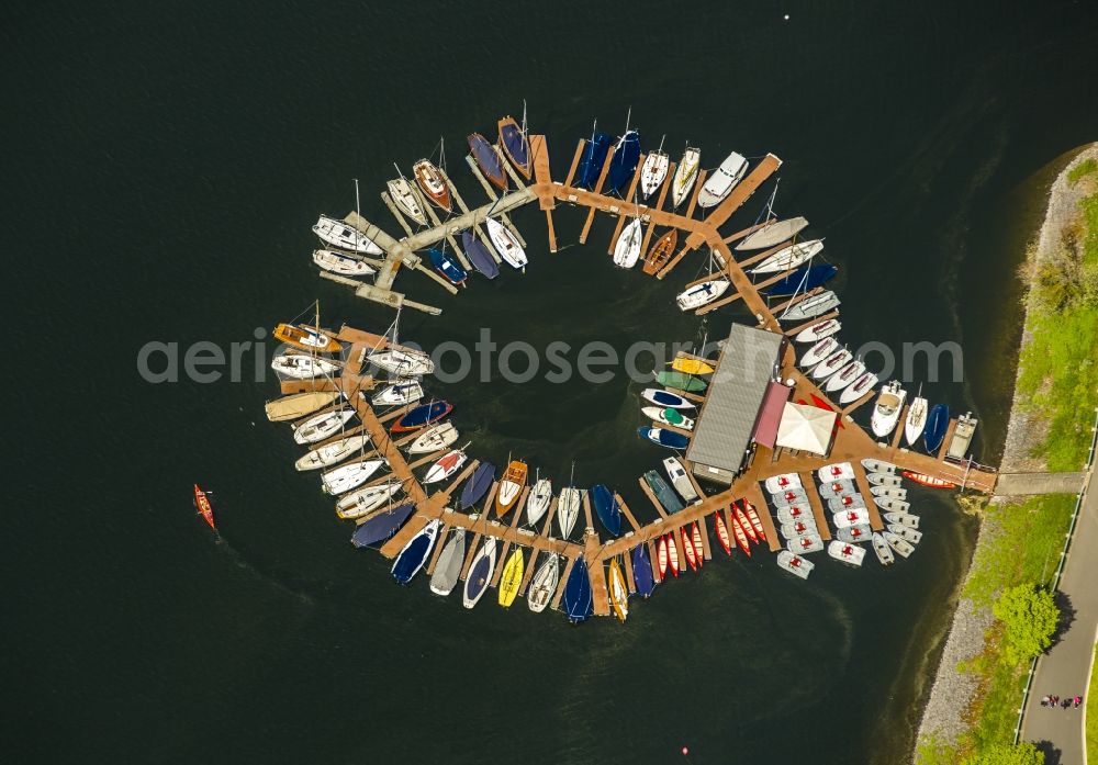 Heimbach from above - Pleasure boat marina with docks and moorings on the shore area Rursee in Heimbach in the state North Rhine-Westphalia