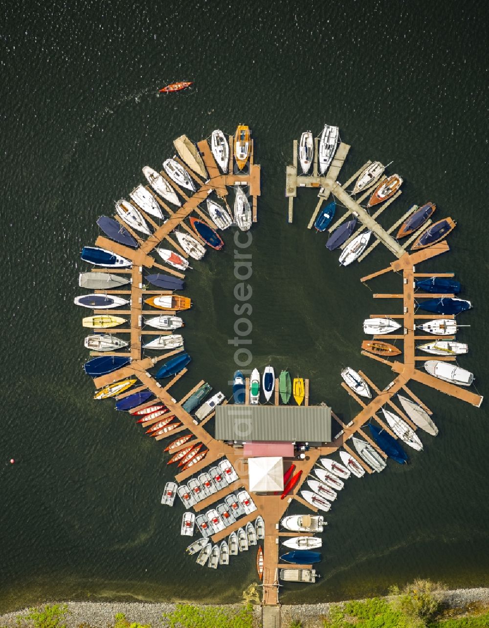 Heimbach from the bird's eye view: Pleasure boat marina with docks and moorings on the shore area Rursee in Heimbach in the state North Rhine-Westphalia