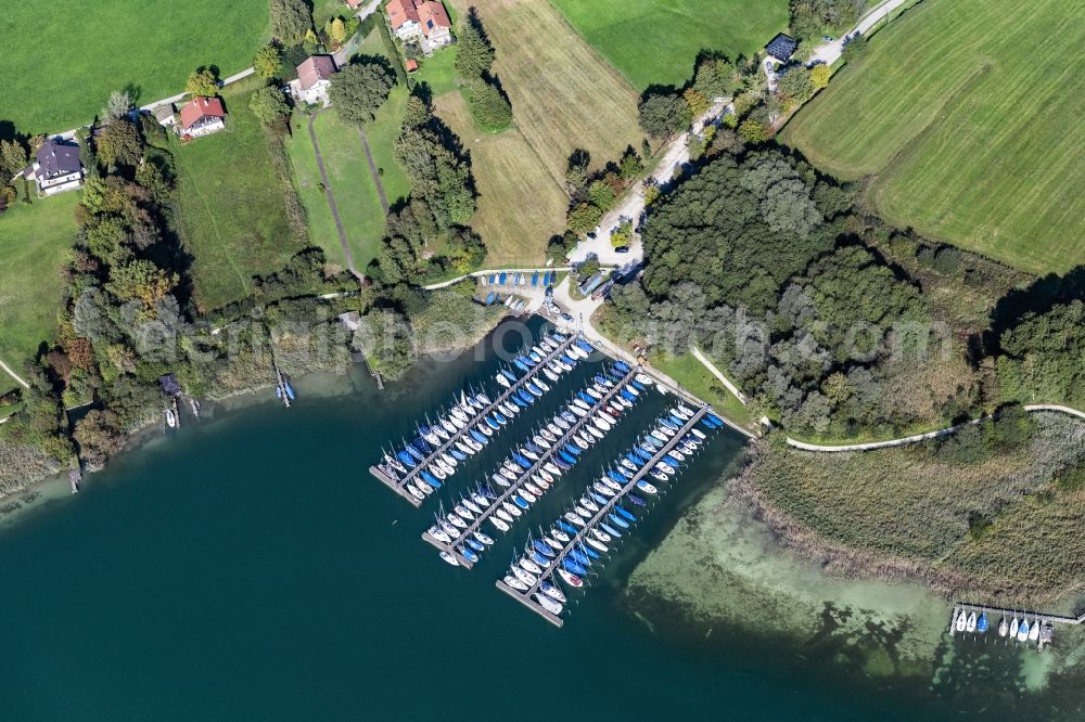 Aerial image Breitbrunn am Chiemsee - Pleasure boat marina with docks and moorings on the shore area Sailing Club Breitbrunn-Chiemsee (SCBC) e.V. in Breitbrunn am Chiemsee in the state Bavaria, Germany