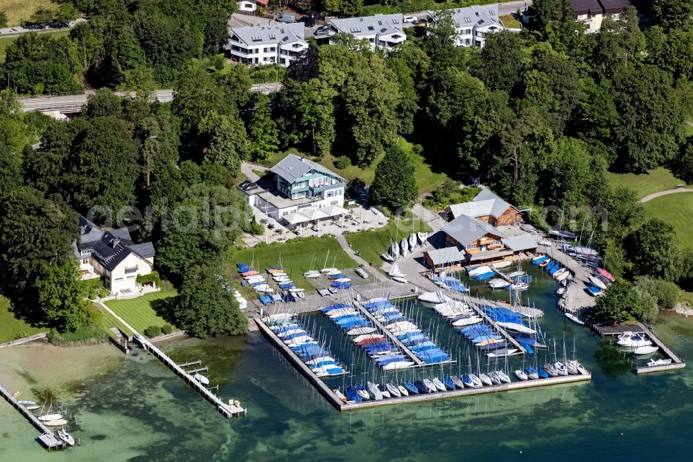 Aerial image Starnberg - Pleasure boat marina with docks and moorings on the shore area of Starnberger See in Starnberg in the state Bavaria, Germany