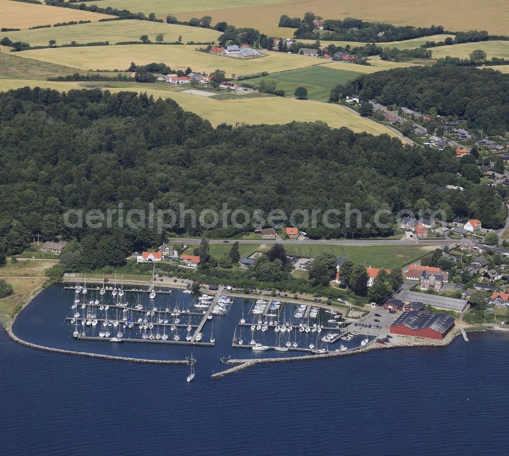 Aerial image Sydals - Pleasure boat marina with docks and moorings on the shore area in Sydals in Denmark