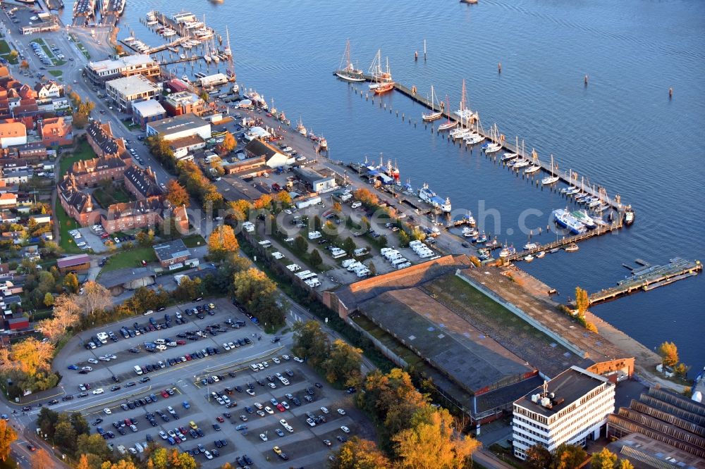 Travemünde from above - Pleasure boat marina with docks and moorings on the shore area of Trave in Travemuende in the state Schleswig-Holstein, Germany