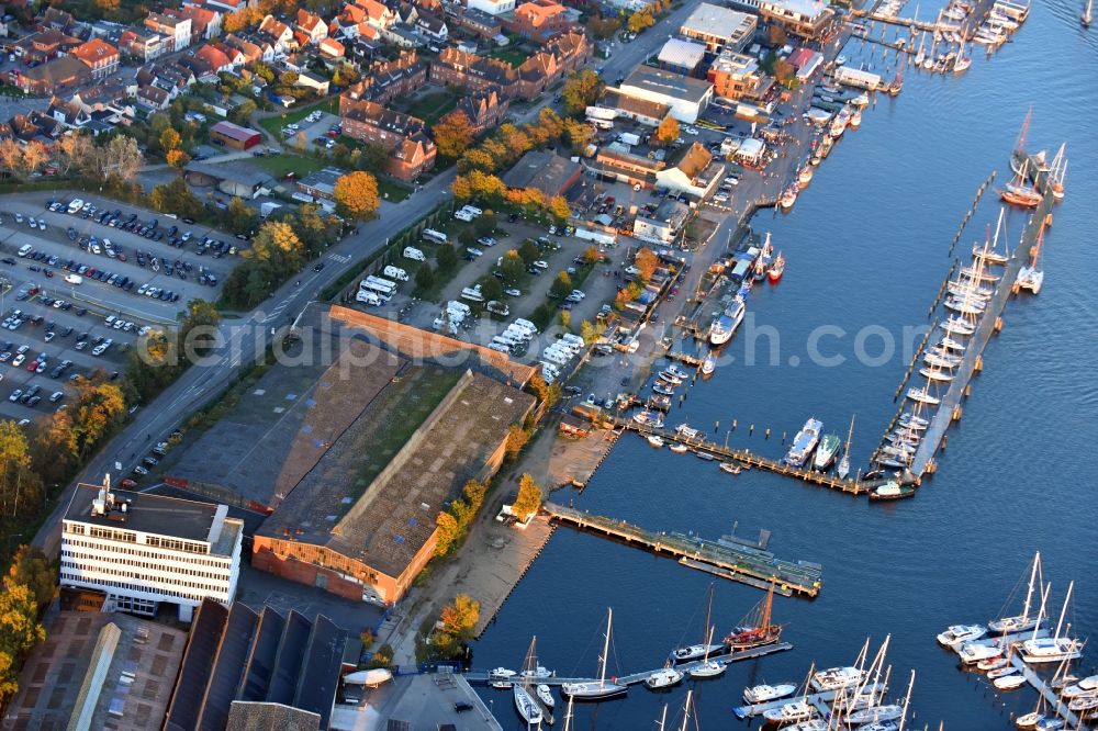 Travemünde from above - Pleasure boat marina with docks and moorings on the shore area of Trave in Travemuende in the state Schleswig-Holstein, Germany