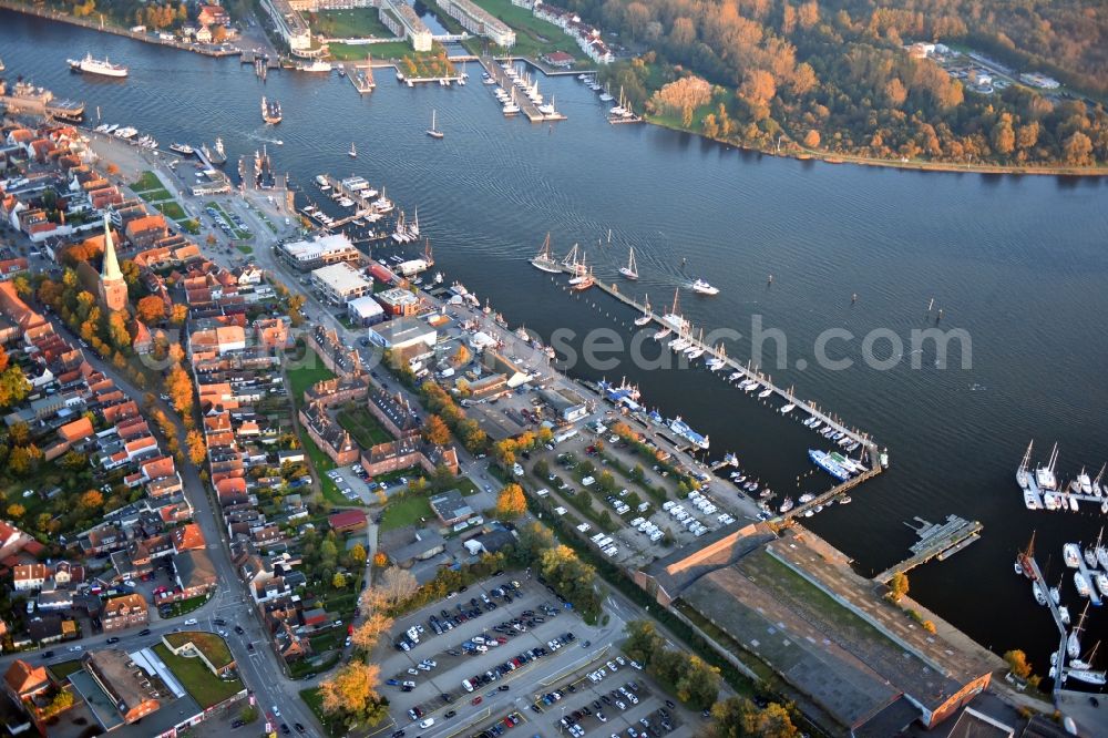 Travemünde from above - Pleasure boat marina with docks and moorings on the shore area of Trave in Travemuende in the state Schleswig-Holstein, Germany