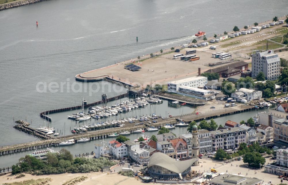 Rostock from above - Pleasure boat marina with docks and moorings on the shore area Warnemuende in Rostock in the state Mecklenburg - Western Pomerania, Germany