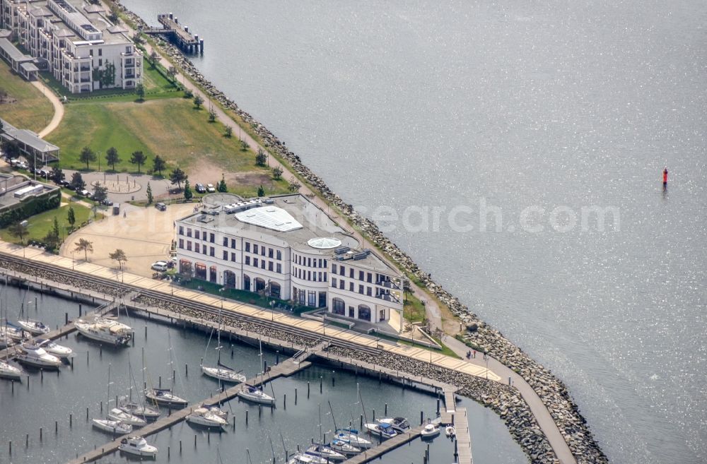 Rostock from above - Pleasure boat marina with docks and moorings on the shore area Warnemuende in Rostock in the state Mecklenburg - Western Pomerania, Germany