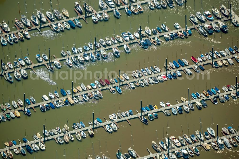 Wedel from above - Pleasure boat marina with docks and moorings on the shore area in Wedel in the state Schleswig-Holstein