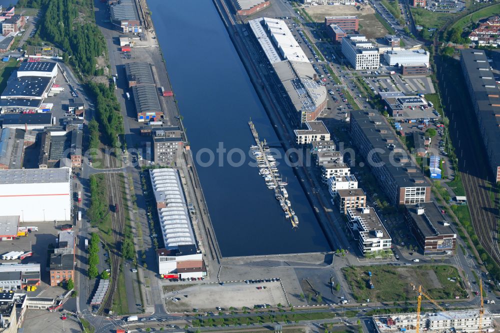 Bremen from above - Pleasure boat marina with docks and moorings on the shore area of the Weser river in Bremen, Germany